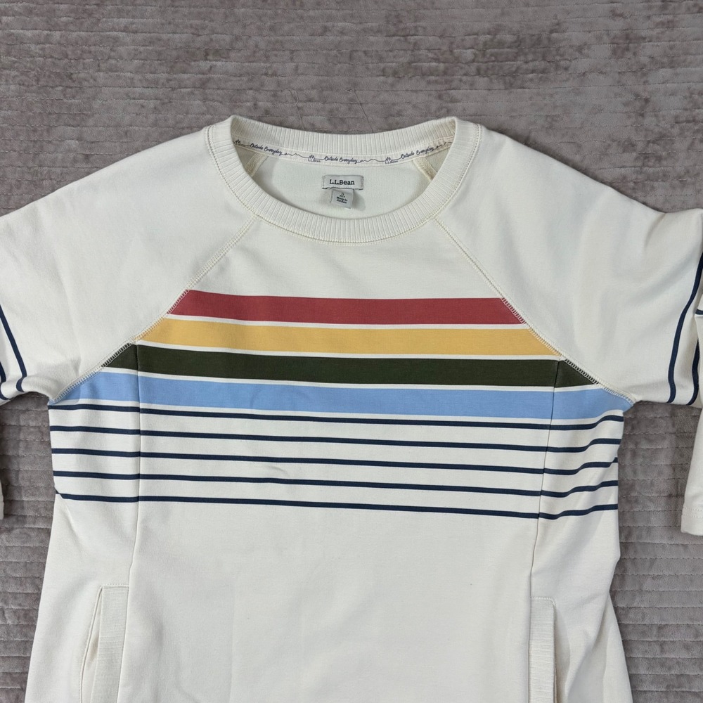 LL Bean Outside Everyday Sweatshirt Dress Cream Rainbow Stripe Petite Small